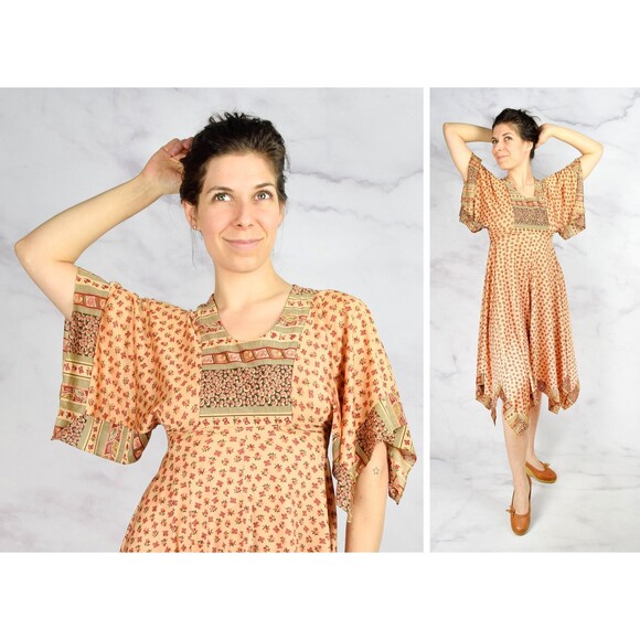 1970s Bohemian Handkerchief Dress Size XS 70s Boho Day Dress Peach Pink Floral - Picture 1 of 10